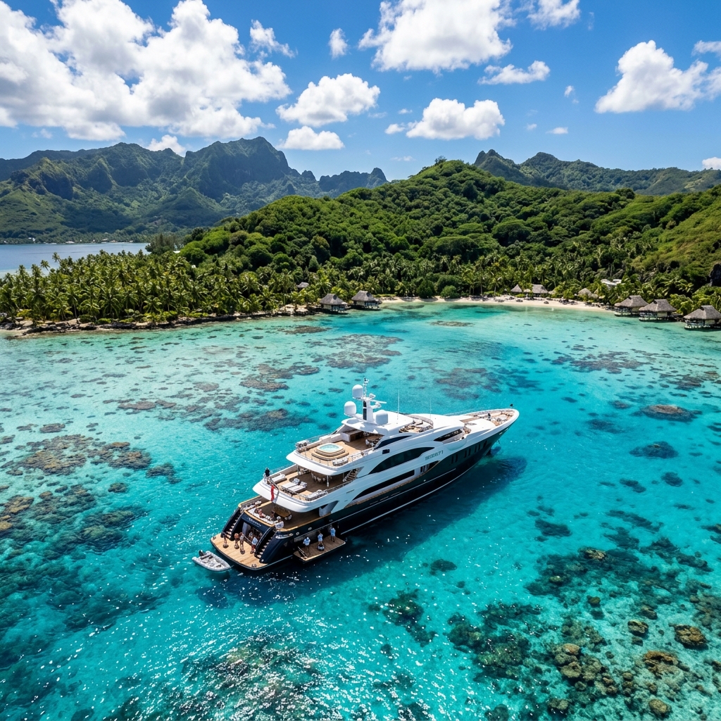 Yacht Ancorado em Lagoa Tropical com Águas Cristalinas